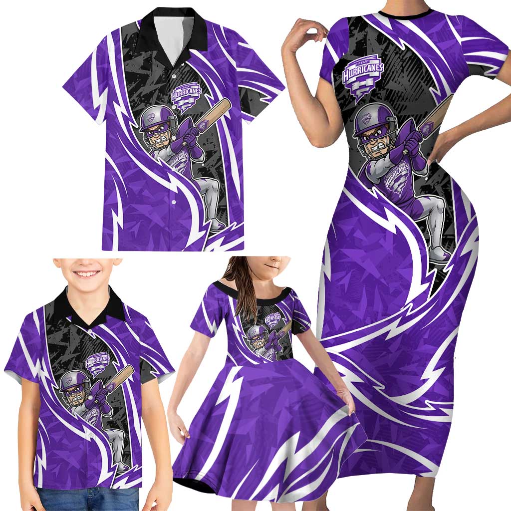 Hobart Hurricanes Family Matching Short Sleeve Bodycon Dress and Hawaiian Shirt Flaming Lightning Storm Geometric Sports Mascot Art