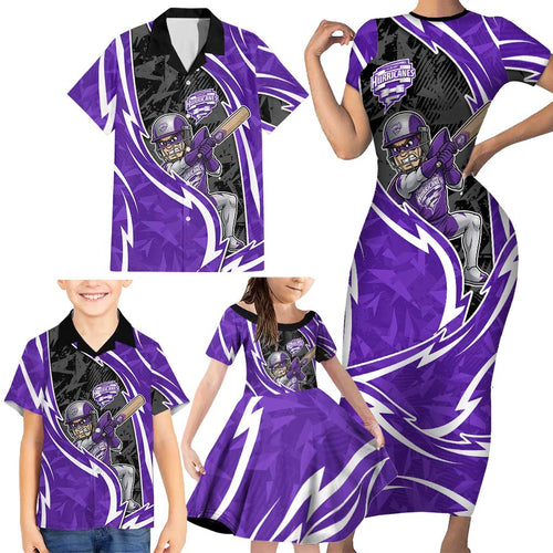 Hobart Hurricanes Family Matching Short Sleeve Bodycon Dress and Hawaiian Shirt Flaming Lightning Storm Geometric Sports Mascot Art
