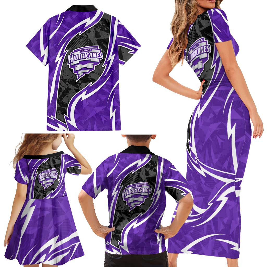 Hobart Hurricanes Family Matching Short Sleeve Bodycon Dress and Hawaiian Shirt Flaming Lightning Storm Geometric Sports Mascot Art