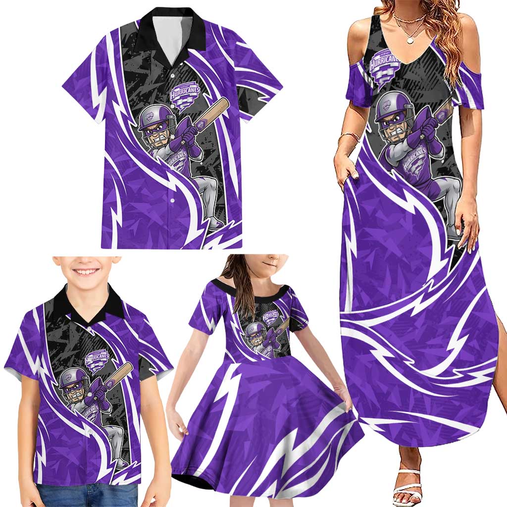 Hobart Hurricanes Family Matching Summer Maxi Dress and Hawaiian Shirt Flaming Lightning Storm Geometric Sports Mascot Art