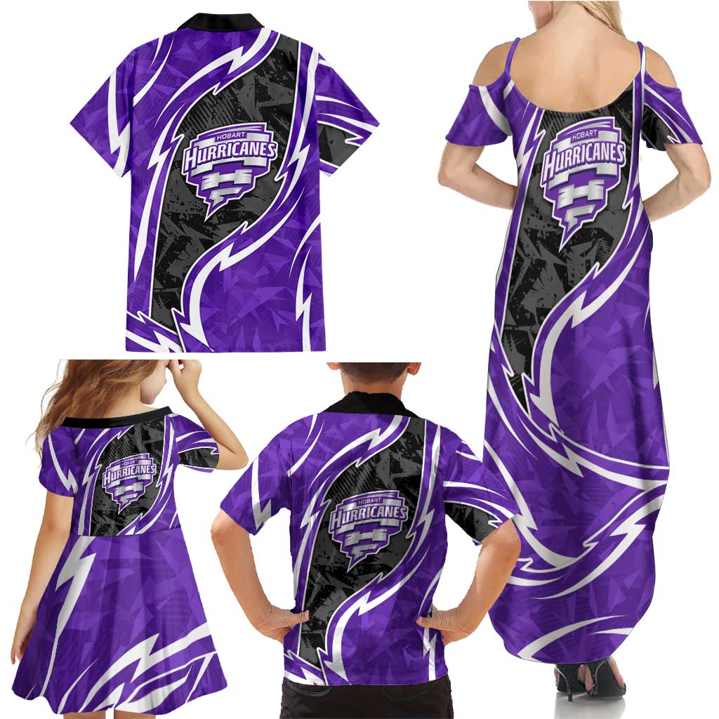 Hobart Hurricanes Family Matching Summer Maxi Dress and Hawaiian Shirt Flaming Lightning Storm Geometric Sports Mascot Art