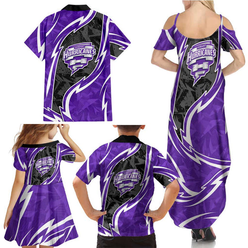 Hobart Hurricanes Family Matching Summer Maxi Dress and Hawaiian Shirt Flaming Lightning Storm Geometric Sports Mascot Art