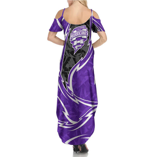 Hobart Hurricanes Family Matching Summer Maxi Dress and Hawaiian Shirt Flaming Lightning Storm Geometric Sports Mascot Art