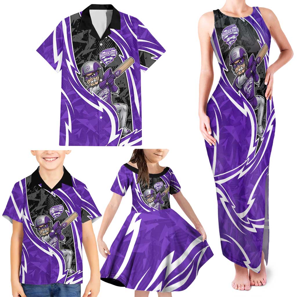 Hobart Hurricanes Family Matching Tank Maxi Dress and Hawaiian Shirt Flaming Lightning Storm Geometric Sports Mascot Art