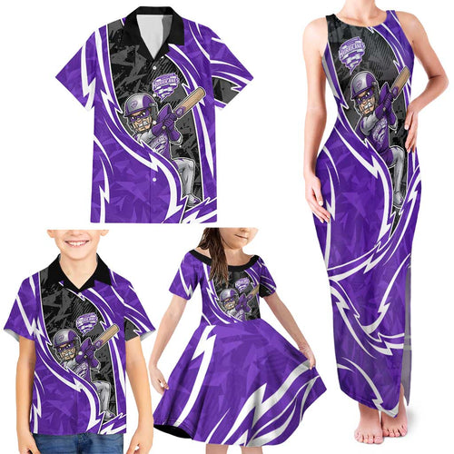 Hobart Hurricanes Family Matching Tank Maxi Dress and Hawaiian Shirt Flaming Lightning Storm Geometric Sports Mascot Art