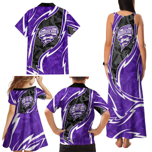 Hobart Hurricanes Family Matching Tank Maxi Dress and Hawaiian Shirt Flaming Lightning Storm Geometric Sports Mascot Art