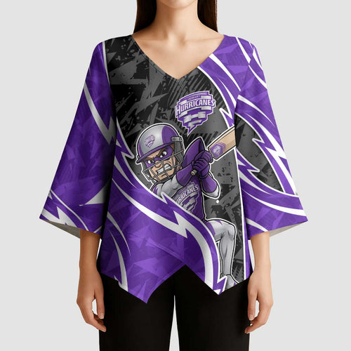 Hobart Hurricanes Kimono Sleeve Blouse Flaming Lightning Storm Geometric Sports Mascot Art