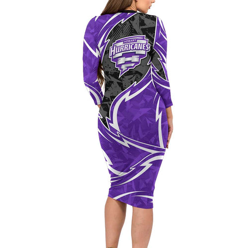 Hobart Hurricanes Long Sleeve Bodycon Dress Flaming Lightning Storm Geometric Sports Mascot Art