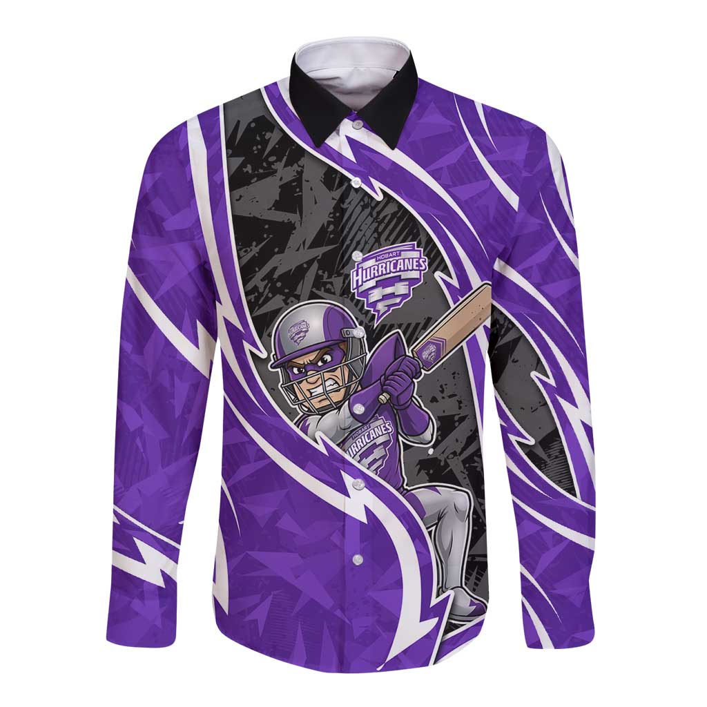 Hobart Hurricanes Long Sleeve Button Shirt Flaming Lightning Storm Geometric Sports Mascot Art
