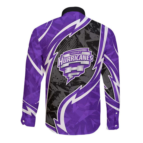 Hobart Hurricanes Long Sleeve Button Shirt Flaming Lightning Storm Geometric Sports Mascot Art