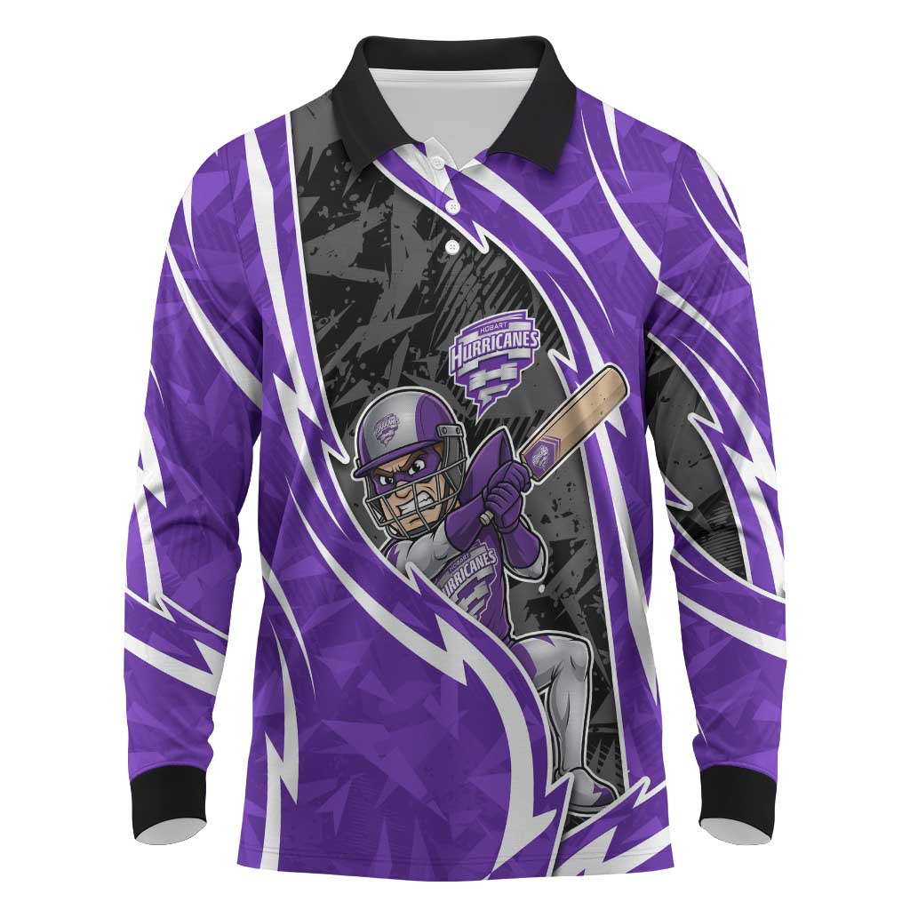 Hobart Hurricanes Long Sleeve Polo Shirt Flaming Lightning Storm Geometric Sports Mascot Art