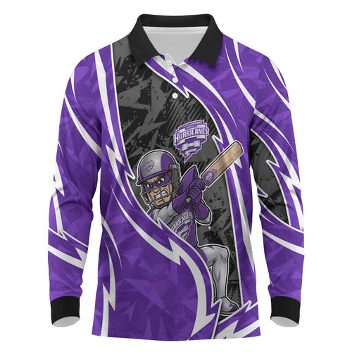 Hobart Hurricanes Long Sleeve Polo Shirt Flaming Lightning Storm Geometric Sports Mascot Art