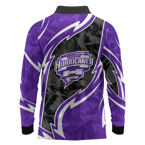 Hobart Hurricanes Long Sleeve Polo Shirt Flaming Lightning Storm Geometric Sports Mascot Art