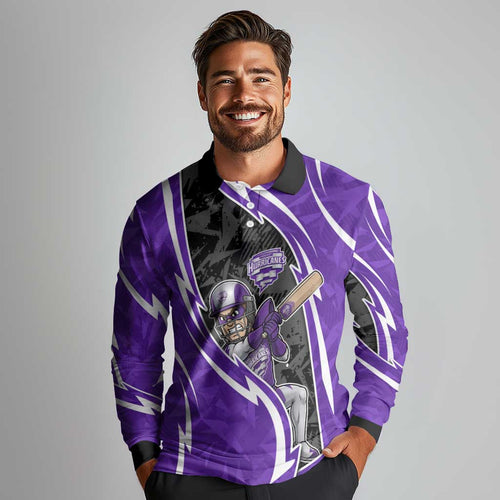 Hobart Hurricanes Long Sleeve Polo Shirt Flaming Lightning Storm Geometric Sports Mascot Art