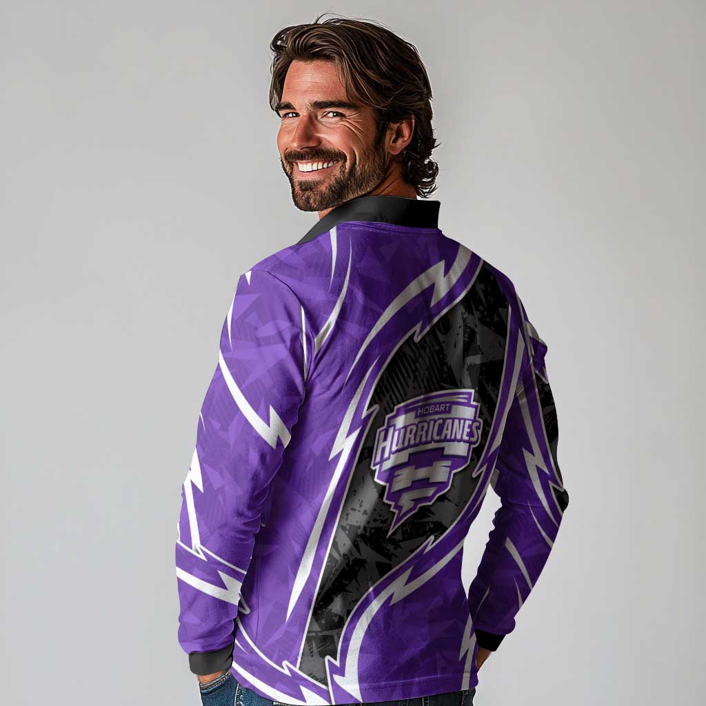 Hobart Hurricanes Long Sleeve Polo Shirt Flaming Lightning Storm Geometric Sports Mascot Art