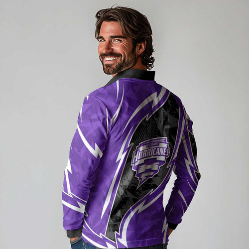 Hobart Hurricanes Long Sleeve Polo Shirt Flaming Lightning Storm Geometric Sports Mascot Art