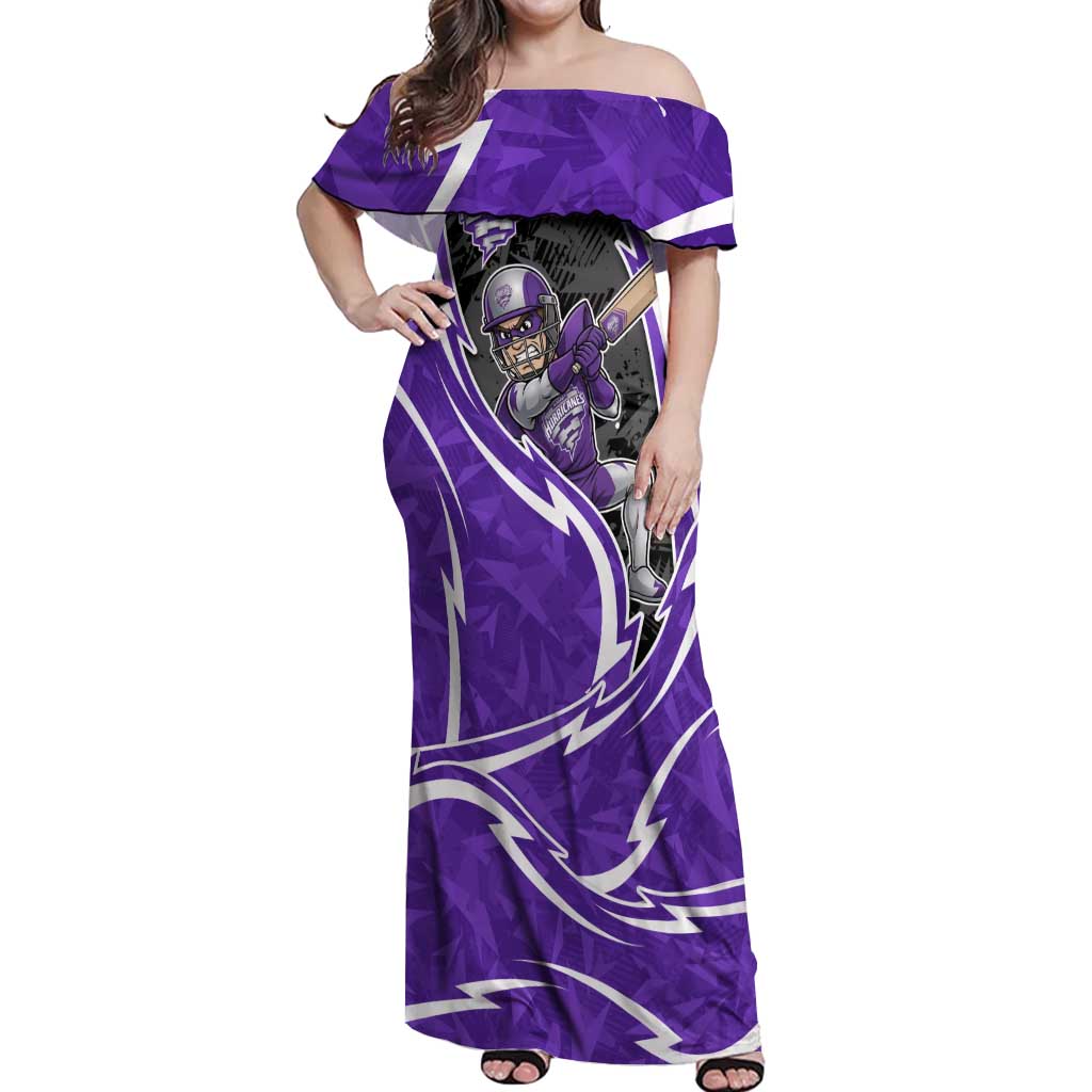 Hobart Hurricanes Off Shoulder Maxi Dress Flaming Lightning Storm Geometric Sports Mascot Art