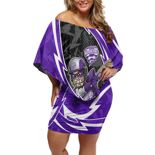 Hobart Hurricanes Off Shoulder Short Dress Flaming Lightning Storm Geometric Sports Mascot Art