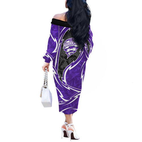 Hobart Hurricanes Off The Shoulder Long Sleeve Dress Flaming Lightning Storm Geometric Sports Mascot Art
