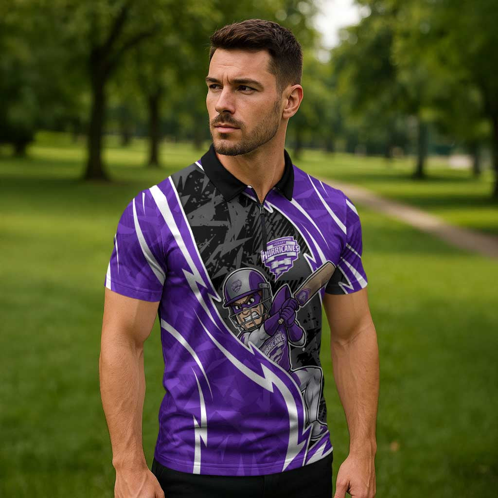 Hobart Hurricanes Zipper Polo Shirt Flaming Lightning Storm Geometric Sports Mascot Art