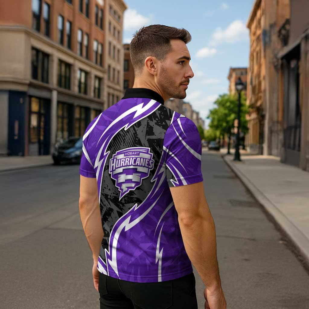 Hobart Hurricanes Zipper Polo Shirt Flaming Lightning Storm Geometric Sports Mascot Art