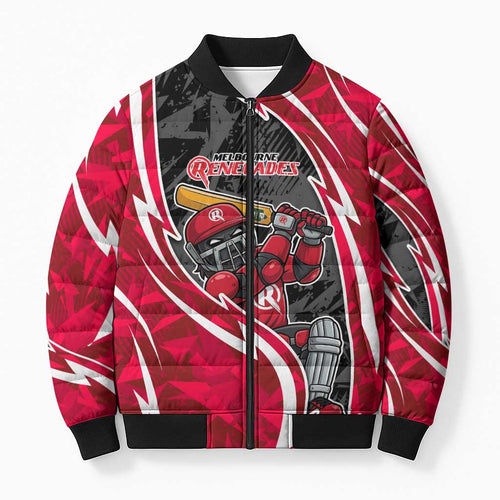Melbourne Renegades Bomber Puffer Jacket Flaming Lightning Storm Geometric Sports Mascot Art