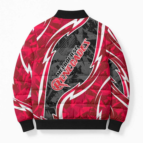 Melbourne Renegades Bomber Puffer Jacket Flaming Lightning Storm Geometric Sports Mascot Art