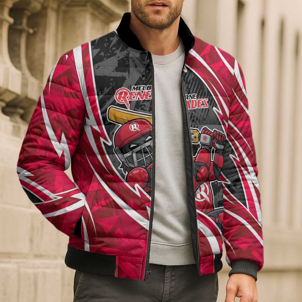 Melbourne Renegades Bomber Puffer Jacket Flaming Lightning Storm Geometric Sports Mascot Art