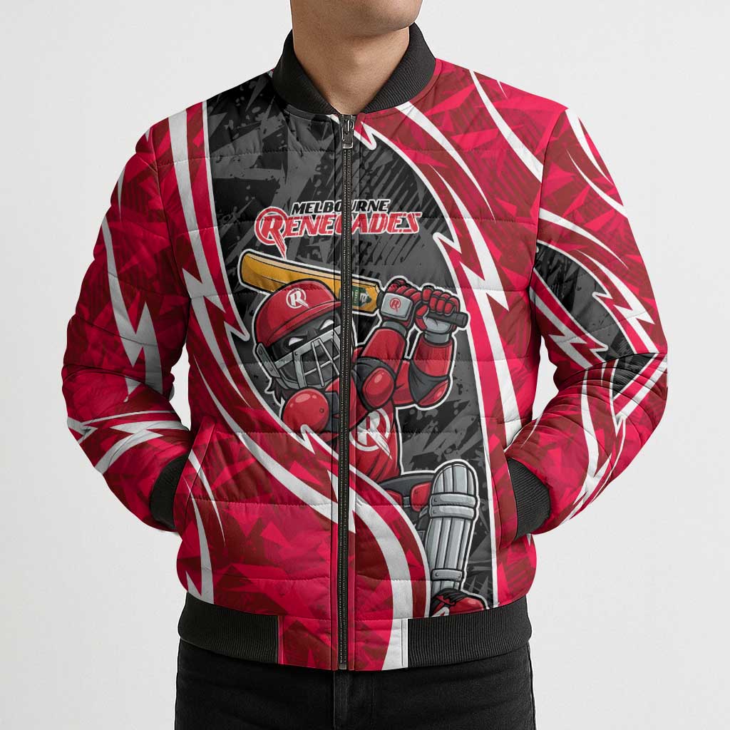 Melbourne Renegades Bomber Puffer Jacket Flaming Lightning Storm Geometric Sports Mascot Art
