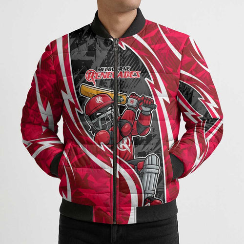 Melbourne Renegades Bomber Puffer Jacket Flaming Lightning Storm Geometric Sports Mascot Art