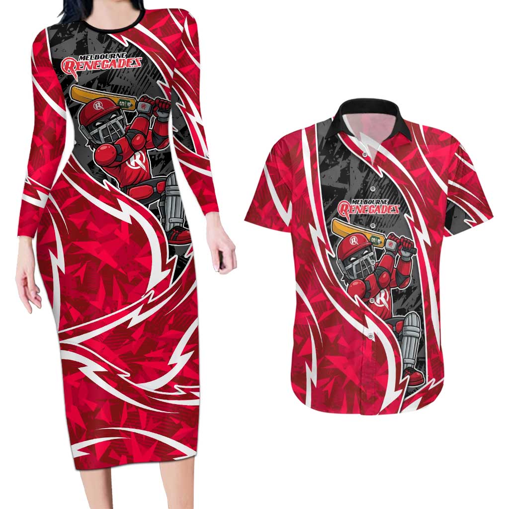 Melbourne Renegades Couples Matching Long Sleeve Bodycon Dress and Hawaiian Shirt Flaming Lightning Storm Geometric Sports Mascot Art