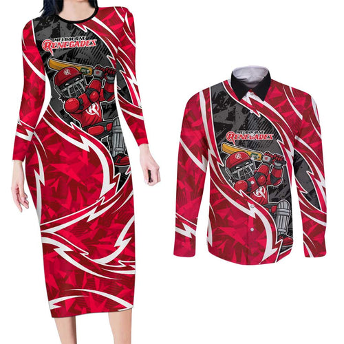 Melbourne Renegades Couples Matching Long Sleeve Bodycon Dress and Long Sleeve Button Shirt Flaming Lightning Storm Geometric Sports Mascot Art