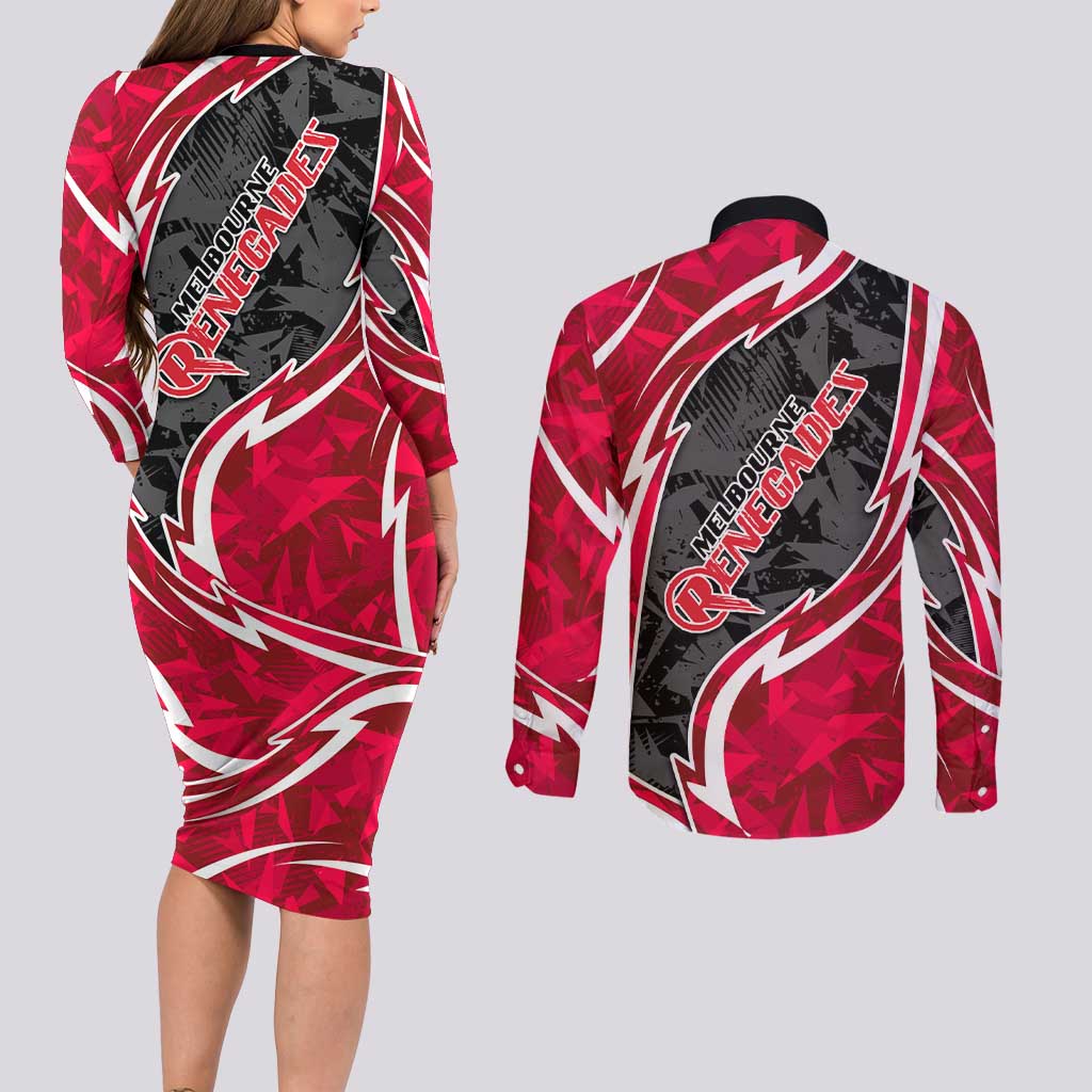 Melbourne Renegades Couples Matching Long Sleeve Bodycon Dress and Long Sleeve Button Shirt Flaming Lightning Storm Geometric Sports Mascot Art