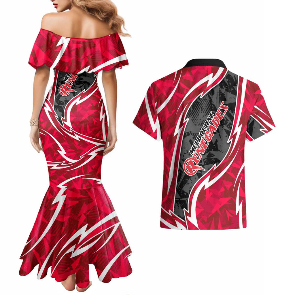 Melbourne Renegades Couples Matching Mermaid Dress and Hawaiian Shirt Flaming Lightning Storm Geometric Sports Mascot Art