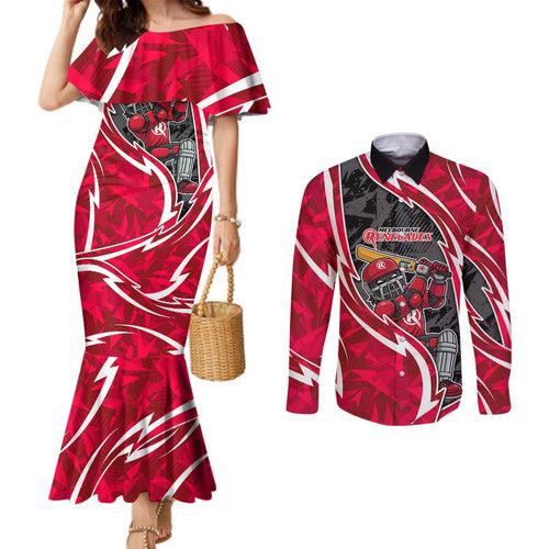 Melbourne Renegades Couples Matching Mermaid Dress and Long Sleeve Button Shirt Flaming Lightning Storm Geometric Sports Mascot Art
