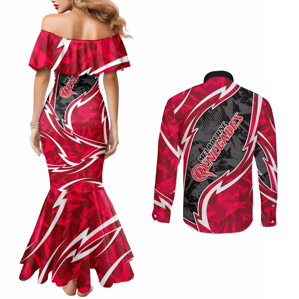 Melbourne Renegades Couples Matching Mermaid Dress and Long Sleeve Button Shirt Flaming Lightning Storm Geometric Sports Mascot Art