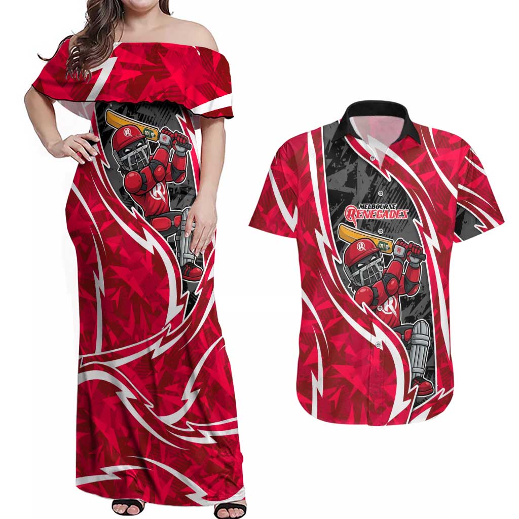 Melbourne Renegades Couples Matching Off Shoulder Maxi Dress and Hawaiian Shirt Flaming Lightning Storm Geometric Sports Mascot Art