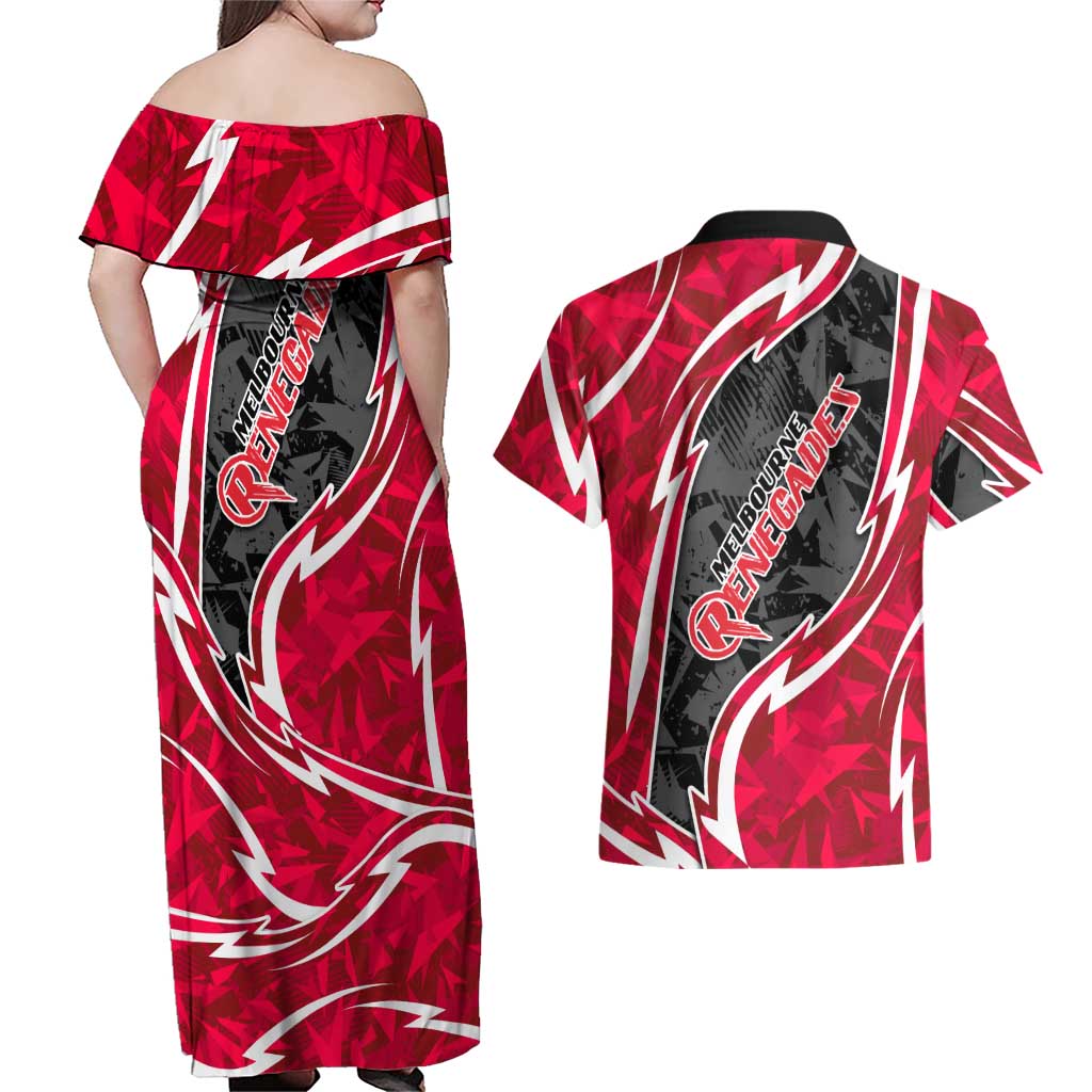Melbourne Renegades Couples Matching Off Shoulder Maxi Dress and Hawaiian Shirt Flaming Lightning Storm Geometric Sports Mascot Art
