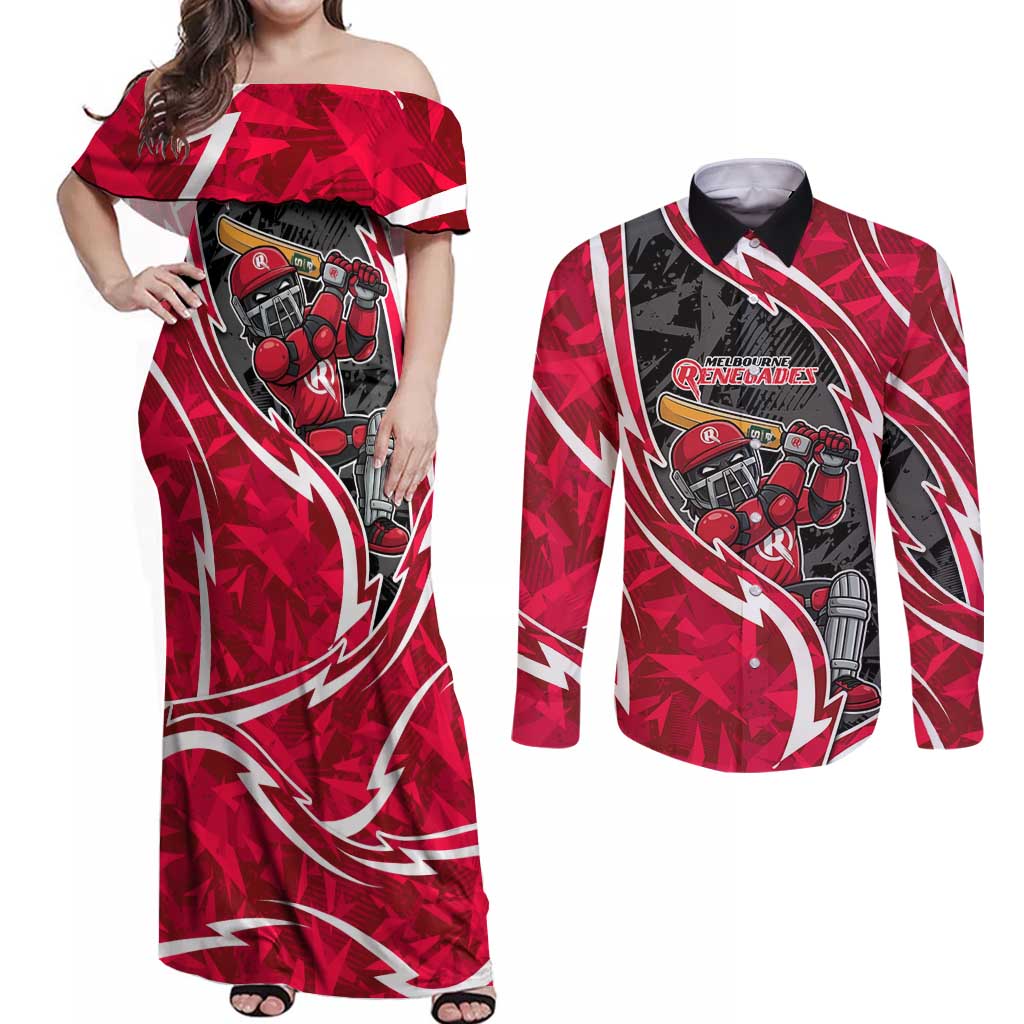 Melbourne Renegades Couples Matching Off Shoulder Maxi Dress and Long Sleeve Button Shirt Flaming Lightning Storm Geometric Sports Mascot Art