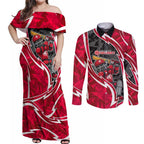 Melbourne Renegades Couples Matching Off Shoulder Maxi Dress and Long Sleeve Button Shirt Flaming Lightning Storm Geometric Sports Mascot Art