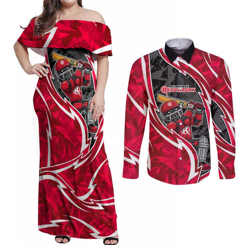 Melbourne Renegades Couples Matching Off Shoulder Maxi Dress and Long Sleeve Button Shirt Flaming Lightning Storm Geometric Sports Mascot Art