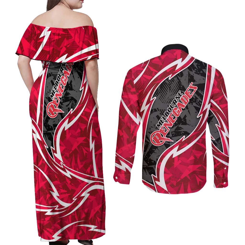 Melbourne Renegades Couples Matching Off Shoulder Maxi Dress and Long Sleeve Button Shirt Flaming Lightning Storm Geometric Sports Mascot Art