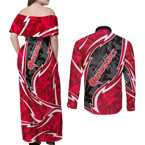 Melbourne Renegades Couples Matching Off Shoulder Maxi Dress and Long Sleeve Button Shirt Flaming Lightning Storm Geometric Sports Mascot Art