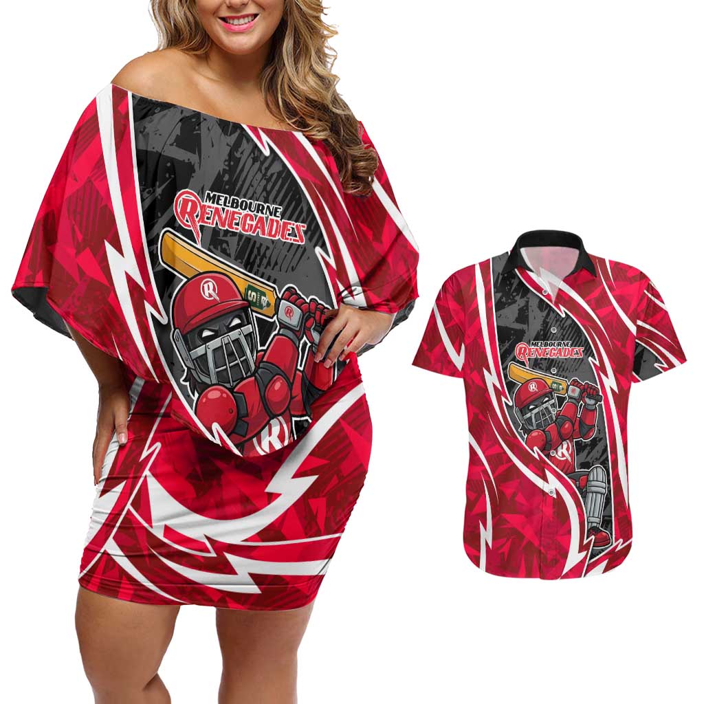 Melbourne Renegades Couples Matching Off Shoulder Short Dress and Hawaiian Shirt Flaming Lightning Storm Geometric Sports Mascot Art