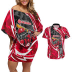 Melbourne Renegades Couples Matching Off Shoulder Short Dress and Hawaiian Shirt Flaming Lightning Storm Geometric Sports Mascot Art