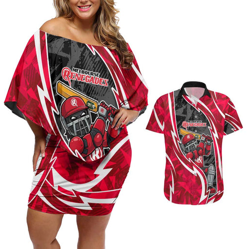 Melbourne Renegades Couples Matching Off Shoulder Short Dress and Hawaiian Shirt Flaming Lightning Storm Geometric Sports Mascot Art