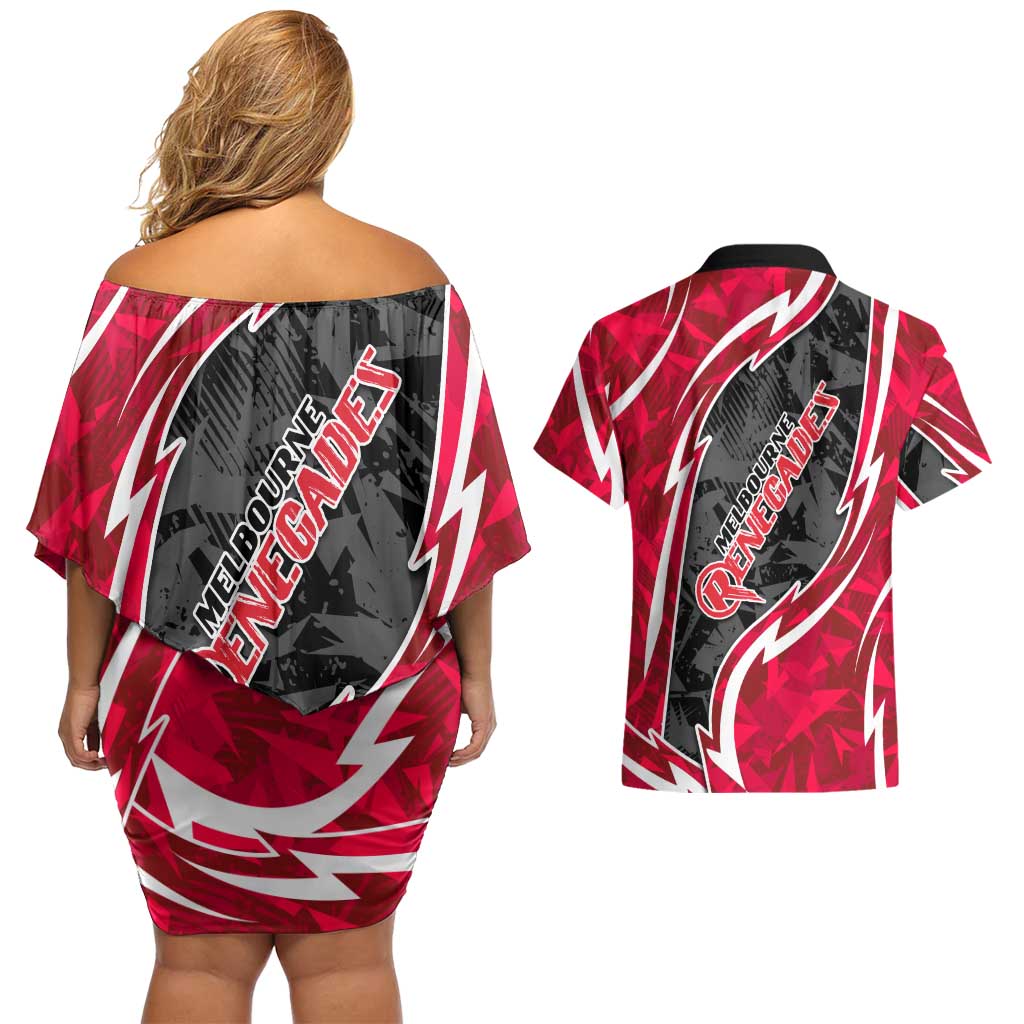 Melbourne Renegades Couples Matching Off Shoulder Short Dress and Hawaiian Shirt Flaming Lightning Storm Geometric Sports Mascot Art