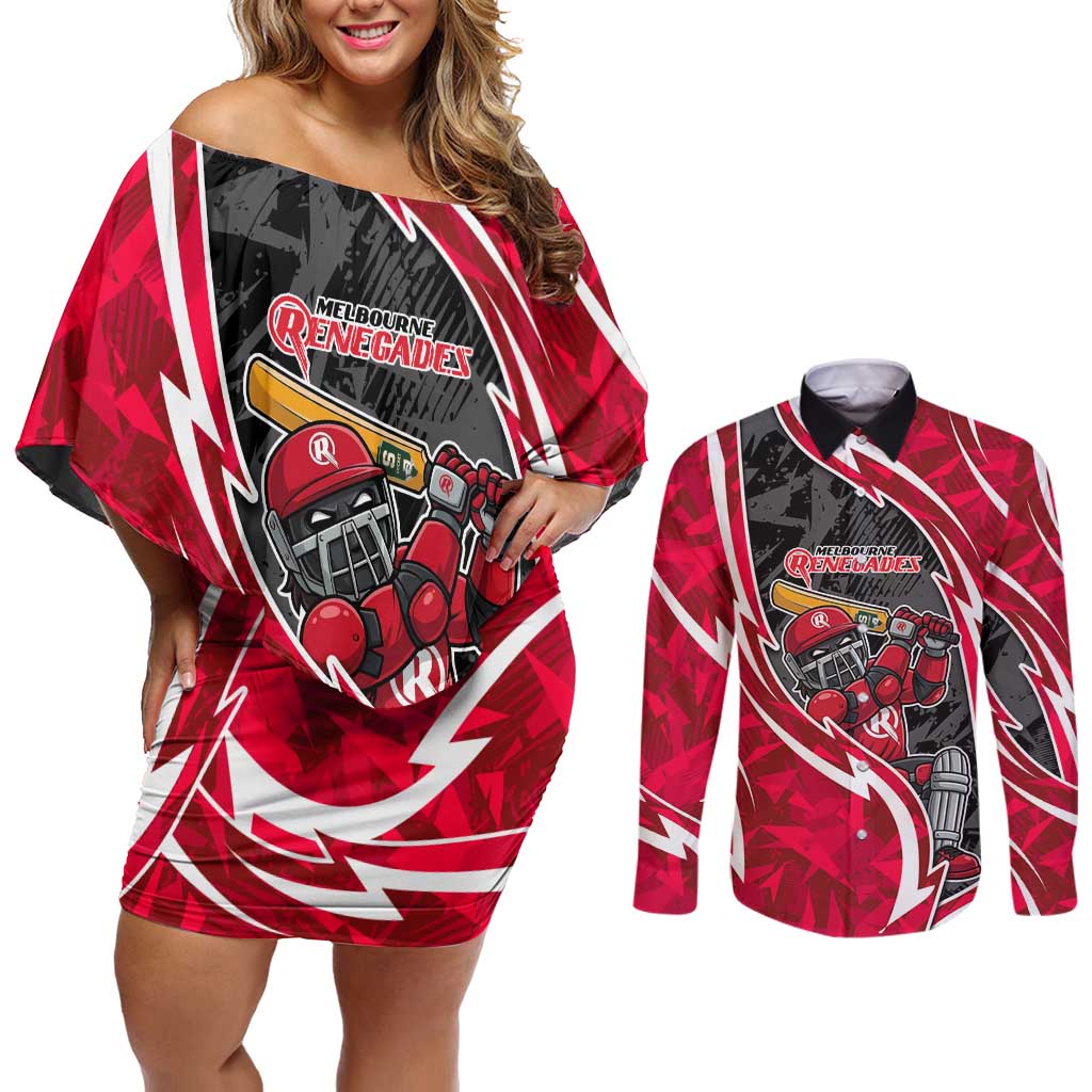 Melbourne Renegades Couples Matching Off Shoulder Short Dress and Long Sleeve Button Shirt Flaming Lightning Storm Geometric Sports Mascot Art