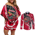 Melbourne Renegades Couples Matching Off Shoulder Short Dress and Long Sleeve Button Shirt Flaming Lightning Storm Geometric Sports Mascot Art
