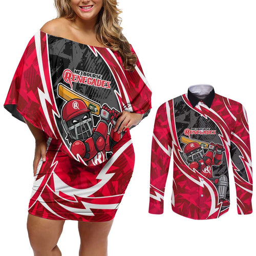 Melbourne Renegades Couples Matching Off Shoulder Short Dress and Long Sleeve Button Shirt Flaming Lightning Storm Geometric Sports Mascot Art